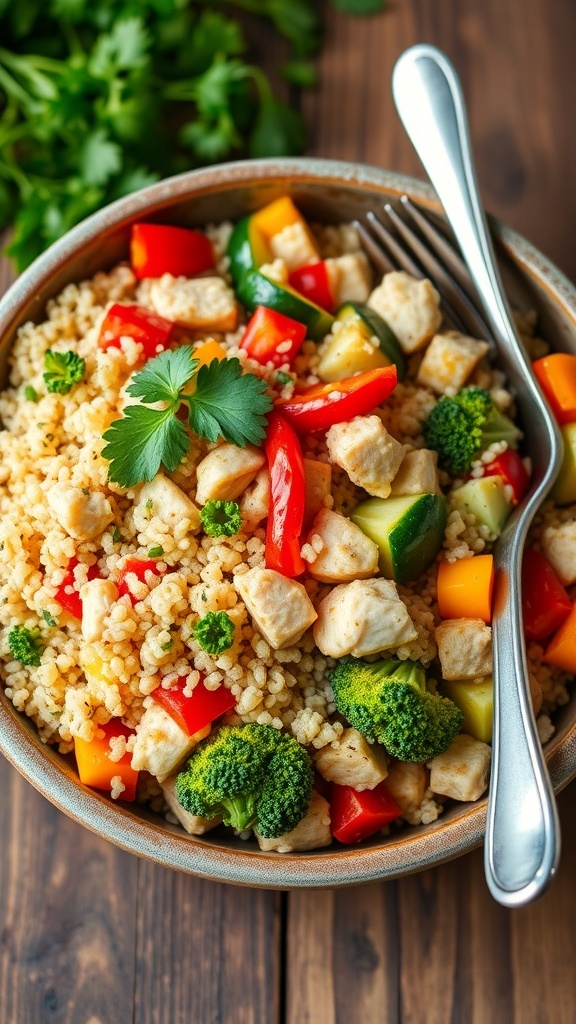 A colorful bowl of quinoa with chicken and mixed vegetables, garnished with parsley on a wooden table.